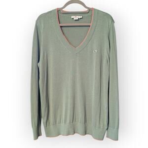 Vineyard Vines Women's Heritage V-Neck Sweater Green Pink Whale Logo Nautical